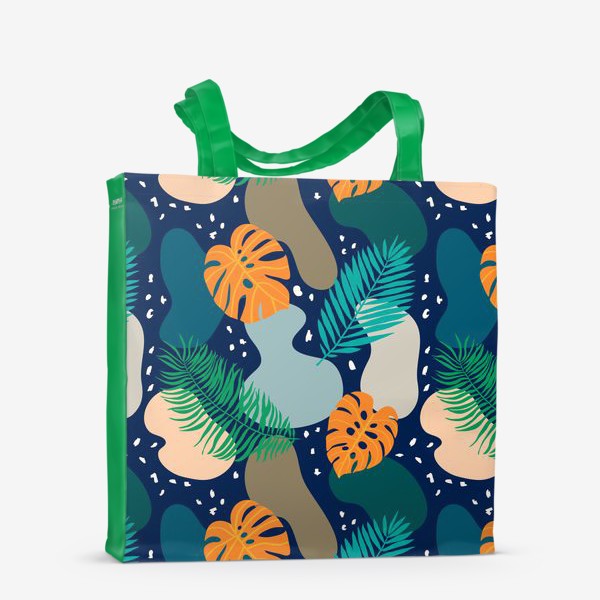 Сумка-шоппер «Абстрактный современный узор с оранжевыми листьями монстеры и пальмы в темных тонах. Летний тропический рисунок»