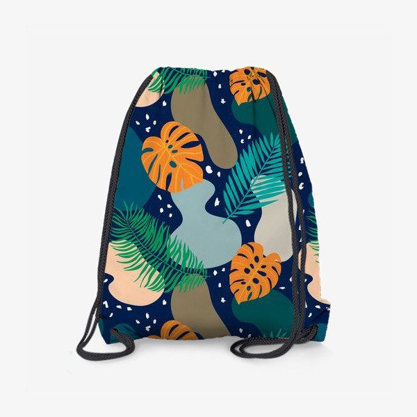 Рюкзак «Абстрактный современный узор с оранжевыми листьями монстеры и пальмы в темных тонах. Летний тропический рисунок»