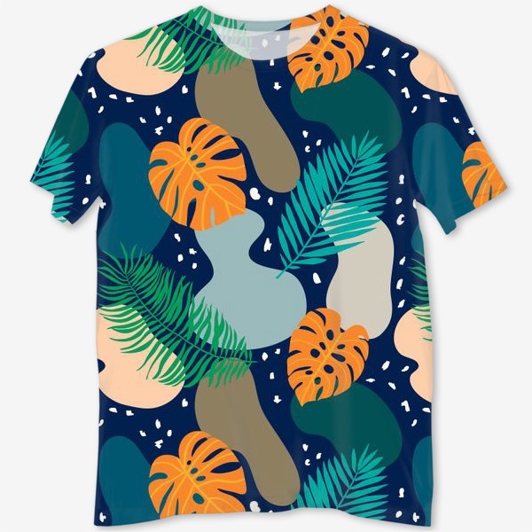 Футболка с полной запечаткой «Абстрактный современный узор с оранжевыми листьями монстеры и пальмы в темных тонах. Летний тропический рисунок»