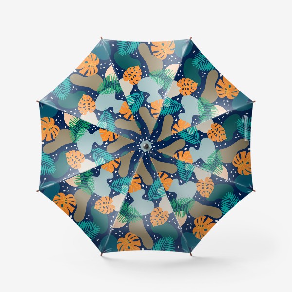 Зонт «Абстрактный современный узор с оранжевыми листьями монстеры и пальмы в темных тонах. Летний тропический рисунок»