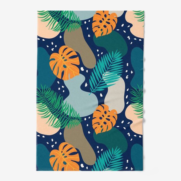 Полотенце «Абстрактный современный узор с оранжевыми листьями монстеры и пальмы в темных тонах. Летний тропический рисунок»