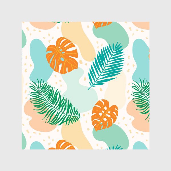 Шторы &laquo;Современный абстрактный паттерн с тропическими листьями растений:  монстеры и пальмы. Зеленый, бирюзовый, оранжевый&raquo;