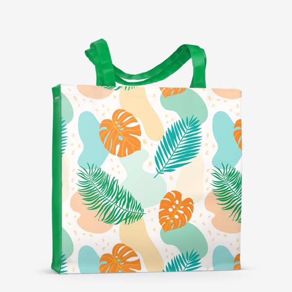 Сумка-шоппер «Современный абстрактный паттерн с тропическими листьями растений:  монстеры и пальмы. Зеленый, бирюзовый, оранжевый»