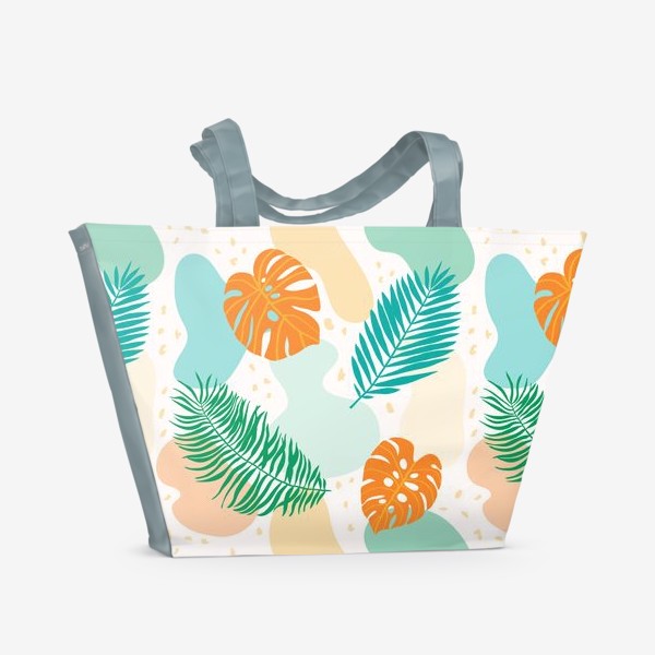 Пляжная сумка &laquo;Современный абстрактный паттерн с тропическими листьями растений:  монстеры и пальмы. Зеленый, бирюзовый, оранжевый&raquo;