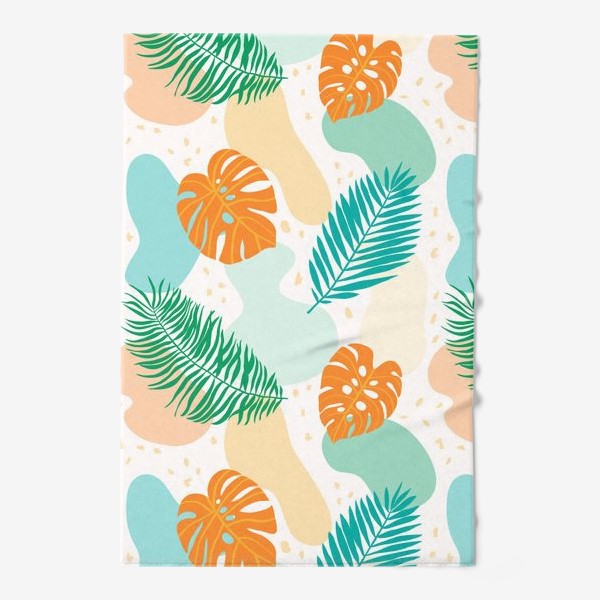 Полотенце &laquo;Современный абстрактный паттерн с тропическими листьями растений:  монстеры и пальмы. Зеленый, бирюзовый, оранжевый&raquo;