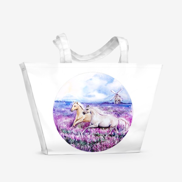 Пляжная сумка «лошади в лавандовом поле»