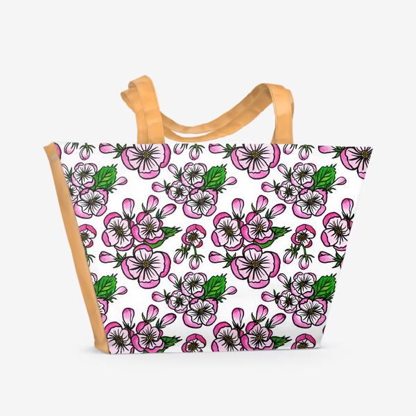 Пляжная сумка «Паттерн розовые цветы яблони»