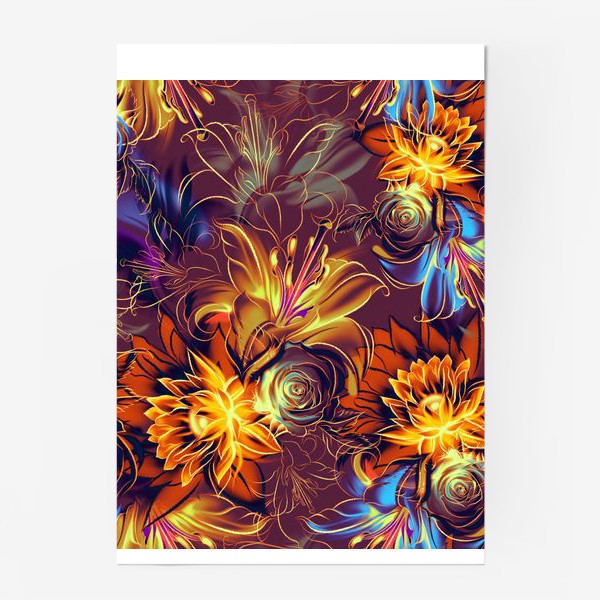 Постер «Абстрактный бесшовный паттерн с цветами. Летняя текстура с лилиями, розами, ромашками и хризантемами»