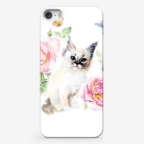 Чехол iPhone «Котенок с розами и бабочками»