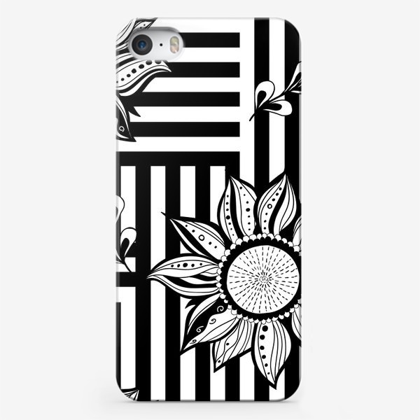Чехол iPhone «Бесшовный паттерн черно-белый с цветком на линия в стиле дудлик»