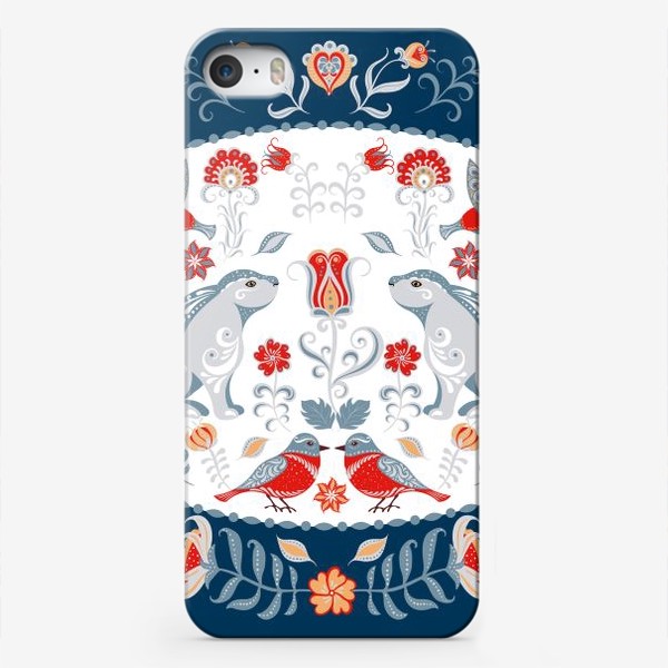 Чехол iPhone «Орнамент с зайчиками, колибри, цветами в декоративной рамке.»