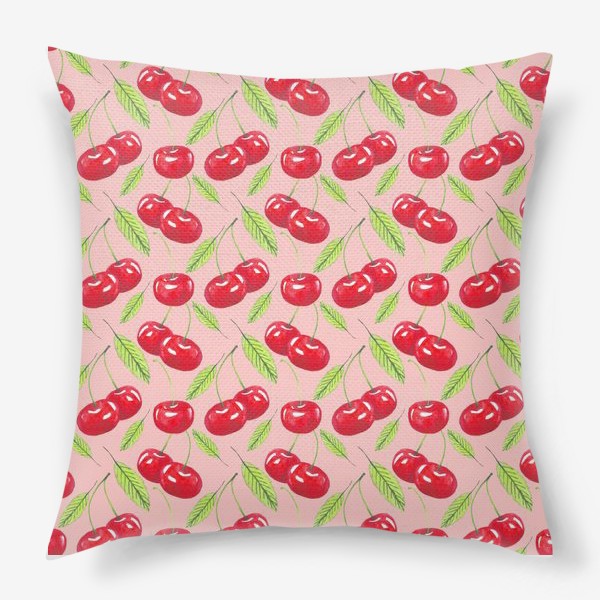 Подушка «акварельная вишня и листья яркий летний фруктовый паттерн на розовом фоне»