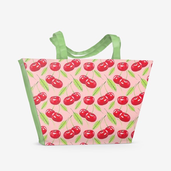 Пляжная сумка «акварельная вишня и листья яркий летний фруктовый паттерн на розовом фоне»