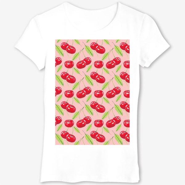 Футболка «акварельная вишня и листья яркий летний фруктовый паттерн на розовом фоне»