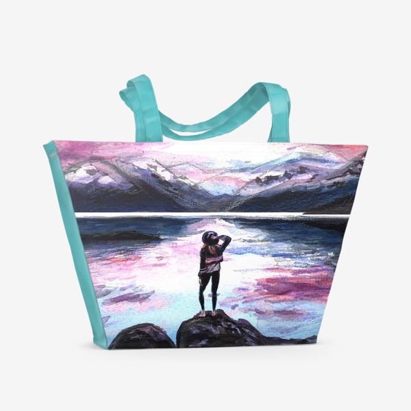 Пляжная сумка «девушка, озеро и гора»