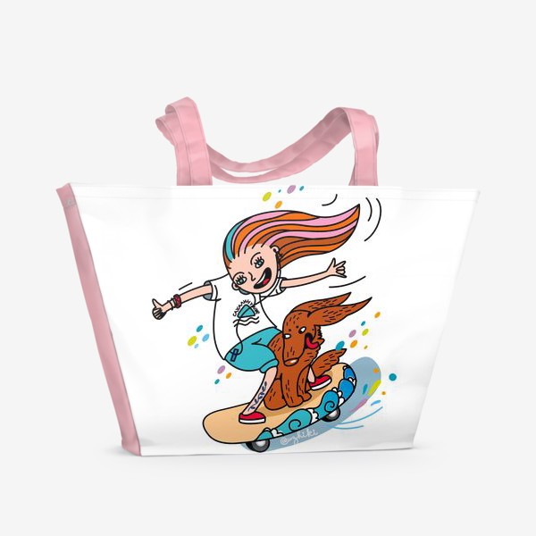 Пляжная сумка «девушка, скейт и собака»