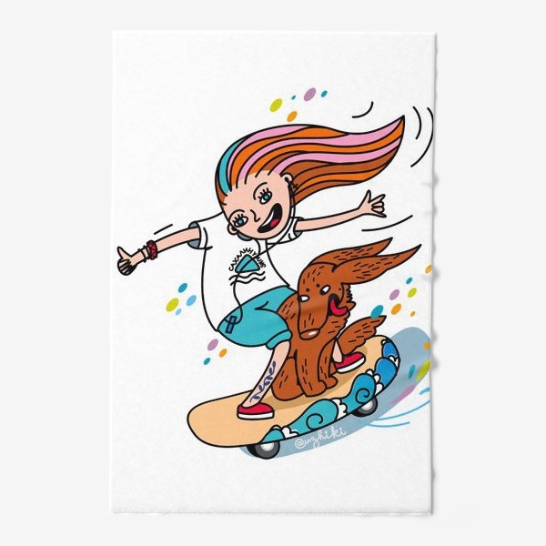 Полотенце «девушка, скейт и собака»