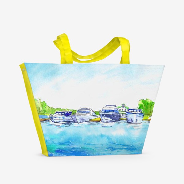 Пляжная сумка «Водный вид спорта: Яхтинг. Транспорт: яхты, катера. Лето. Море. Выполнено акварелью.»