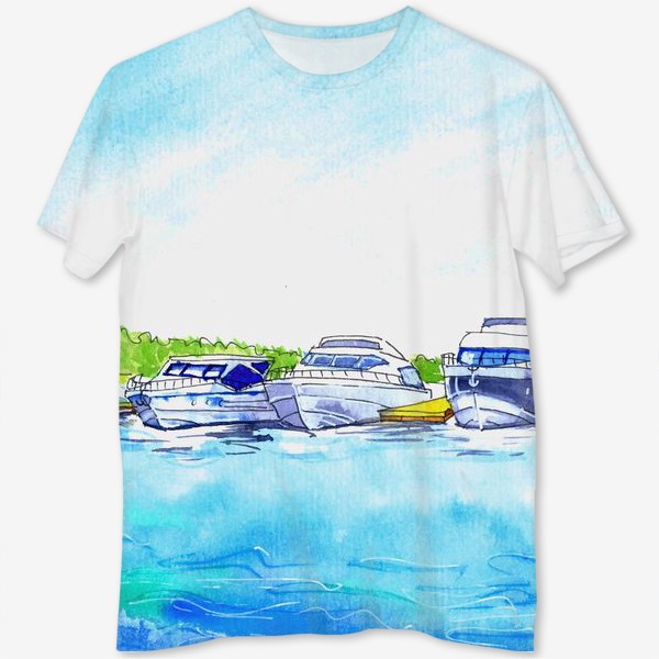 Футболка с полной запечаткой «Водный вид спорта: Яхтинг. Транспорт: яхты, катера. Лето. Море. Выполнено акварелью.»