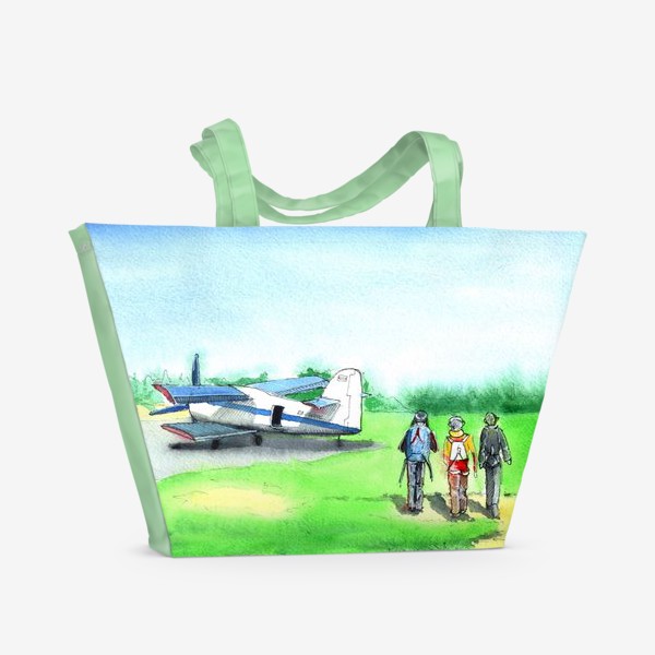 Пляжная сумка «Спорт. Самолет и парашютисты. Небо. Лето. Выполнено акварелью.»