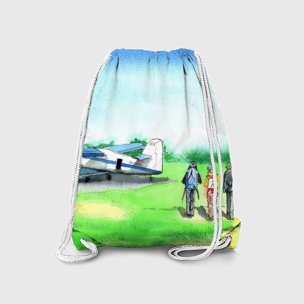 Рюкзак «Спорт. Самолет и парашютисты. Небо. Лето. Выполнено акварелью.»