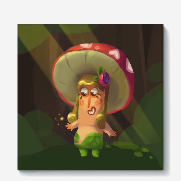 Холст «Девушка гриб в красной шляпе на фоне леса»