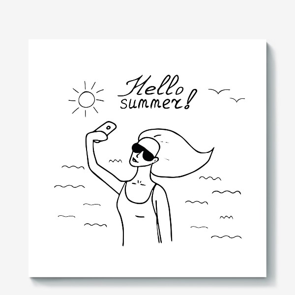 Холст «девушка делает селфи, строис, блоггер, солнце, море, привет лето»