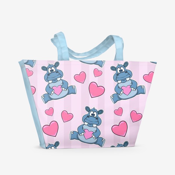 Пляжная сумка «узор из бегемотиков с сердечками на розовом фоне»
