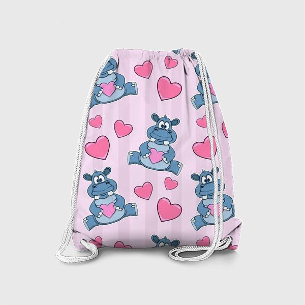 Рюкзак «узор из бегемотиков с сердечками на розовом фоне»