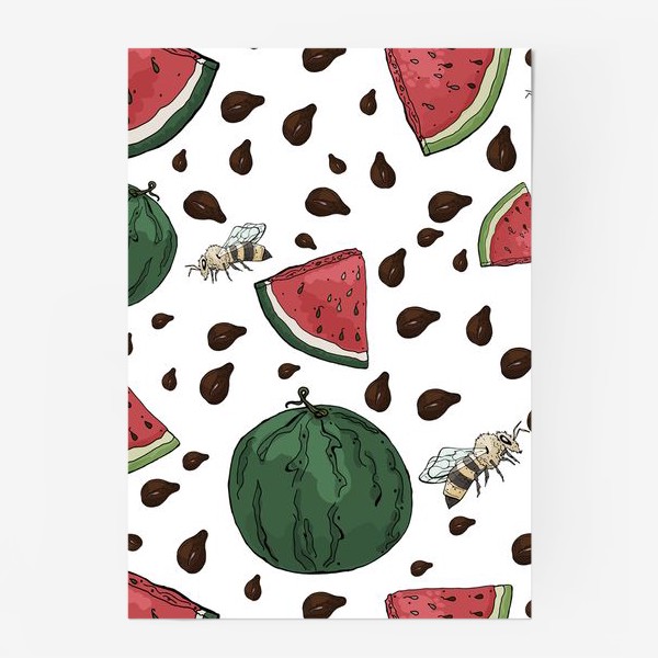 Постер «Летний сочный паттерн с арбузами, их семечками и пчелами»