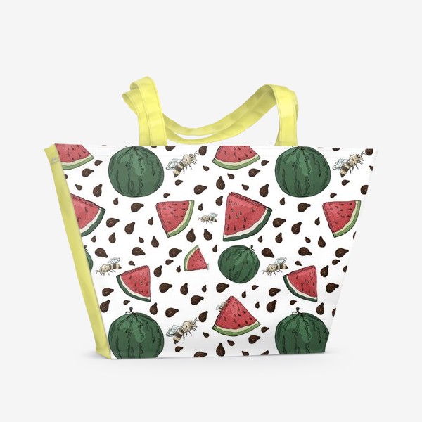 Пляжная сумка «Летний сочный паттерн с арбузами, их семечками и пчелами»