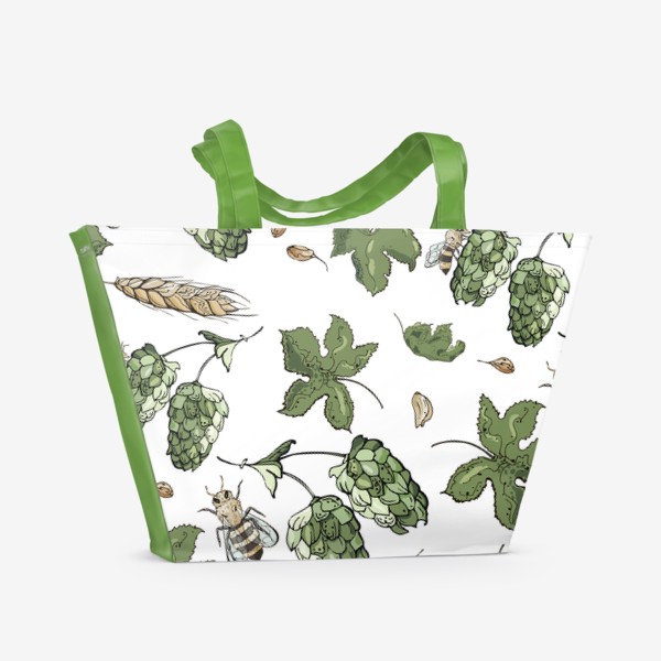 Пляжная сумка «Флористический паттерн с соцветиями хмеля, колосьями пшеницы и пчелами»