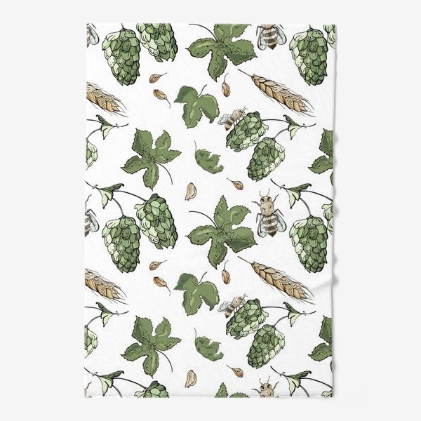 Полотенце «Флористический паттерн с соцветиями хмеля, колосьями пшеницы и пчелами»