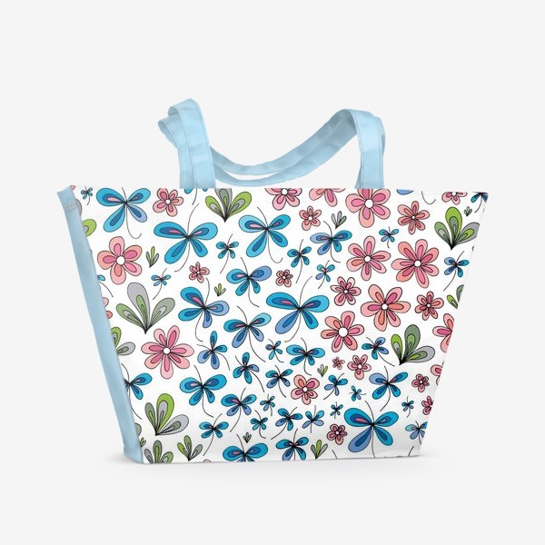 Пляжная сумка &laquo;Цветы и бабочки на белом&raquo;