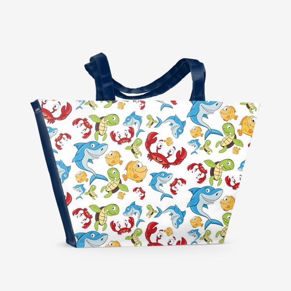 Пляжная сумка «узор с мультяшными морскими животными  на белом фоне»