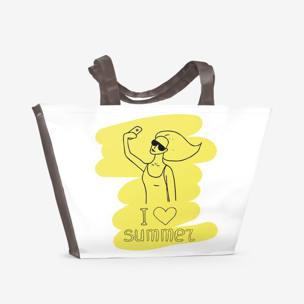 Пляжная сумка «девушка делает селфи, строис, блоггер, леттеринг люблю лето»