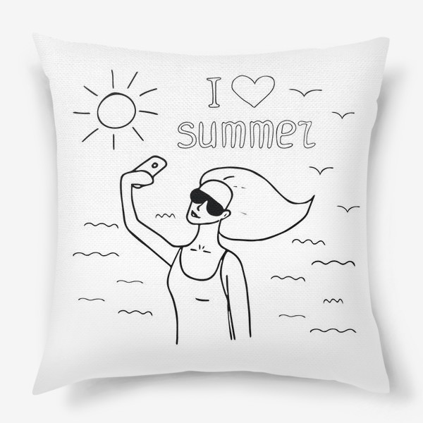 Подушка «девушка делает селфи, строис, блоггер, солнце, море, люблю лето»