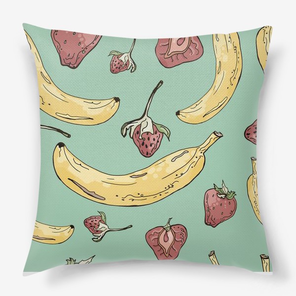 Подушка «Летний паттерн с бананами и клубникой на мятном фоне»