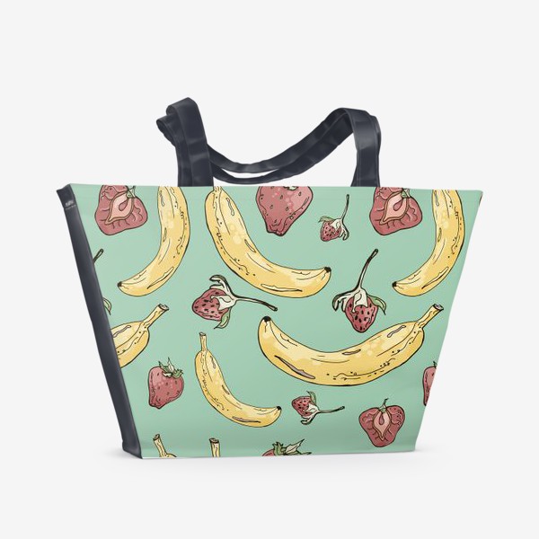 Пляжная сумка «Летний паттерн с бананами и клубникой на мятном фоне»