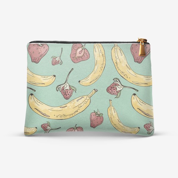 Косметичка «Летний паттерн с бананами и клубникой на мятном фоне»