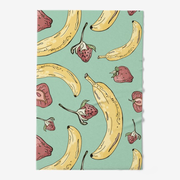Полотенце «Летний паттерн с бананами и клубникой на мятном фоне»