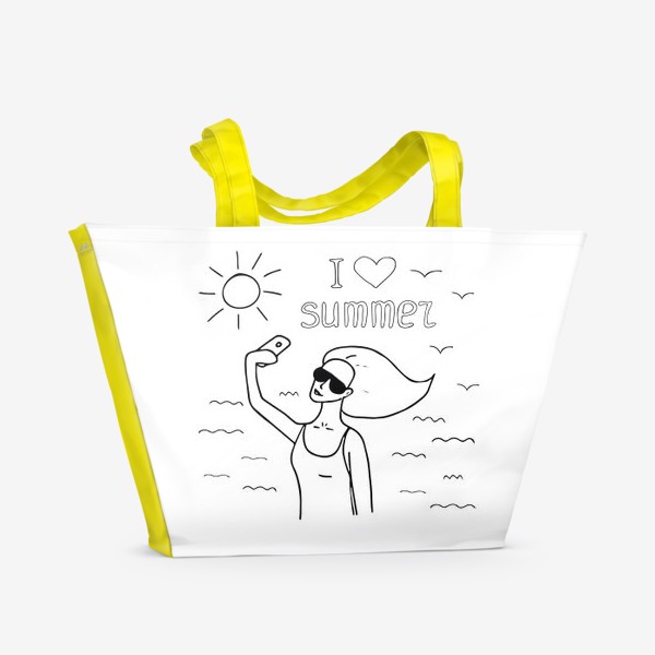 Пляжная сумка «девушка делает селфи, строис, блоггер, солнце, море, люблю лето»