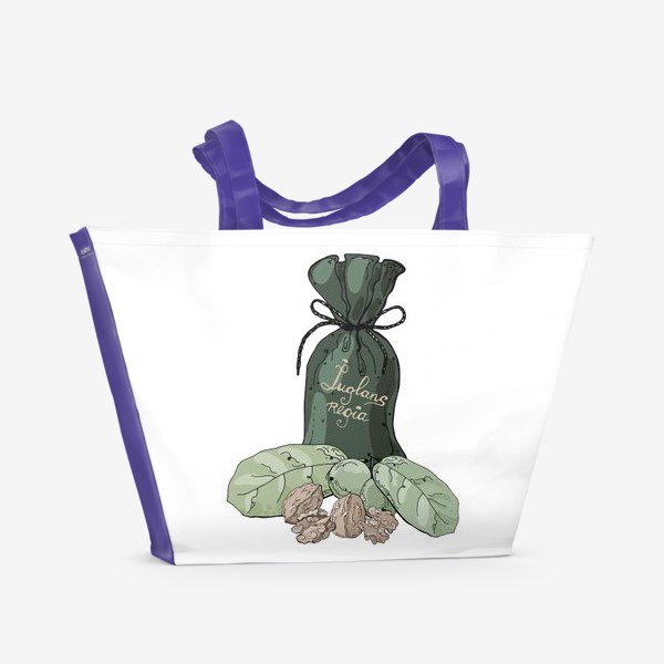 Пляжная сумка «Композиция из мешочка, грецких орехов и листвы в стилистике фуд-иллюстраций»