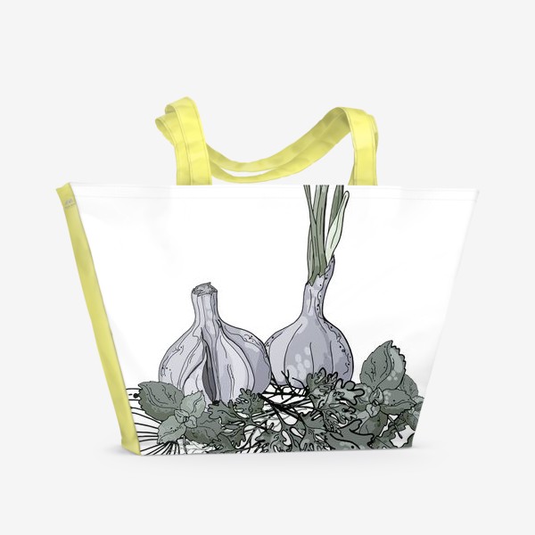 Пляжная сумка &laquo;Комопзиция из головок чеснока и пряных трав в стилистике фуд-иллюстраций&raquo;
