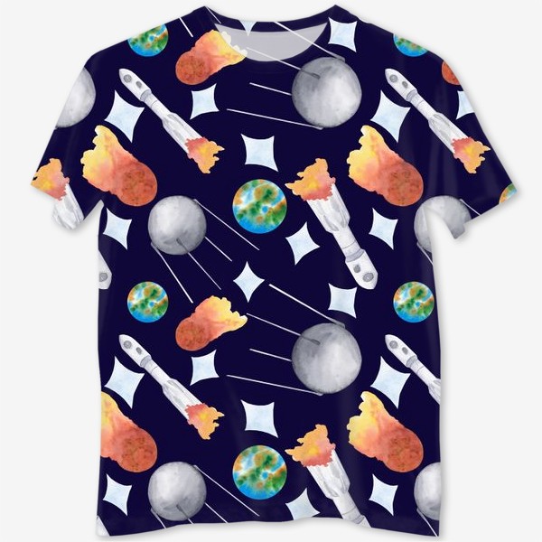 Футболка с полной запечаткой «Ракета, планеты, астероид. Паттерн»