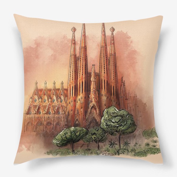 Подушка «Архитектура Испании. Скетч городского собора Барселоны.»