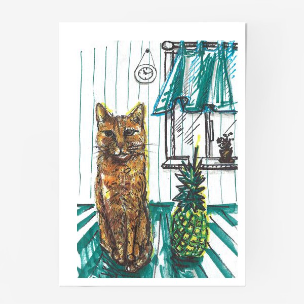Постер «Котик и ананас дома»