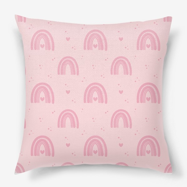 Подушка «Розовая радуга с сердечками на розовом фоне»