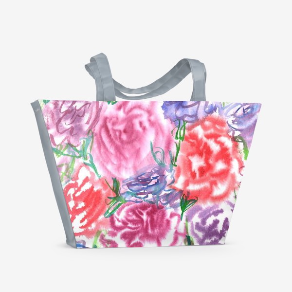 Пляжная сумка «Узор с разноцветными розами и листьями. Акварель. Бумага. Скан.»