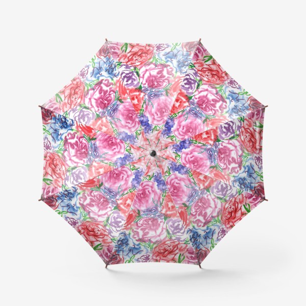 Зонт «Узор с разноцветными розами и листьями. Акварель. Бумага. Скан.»